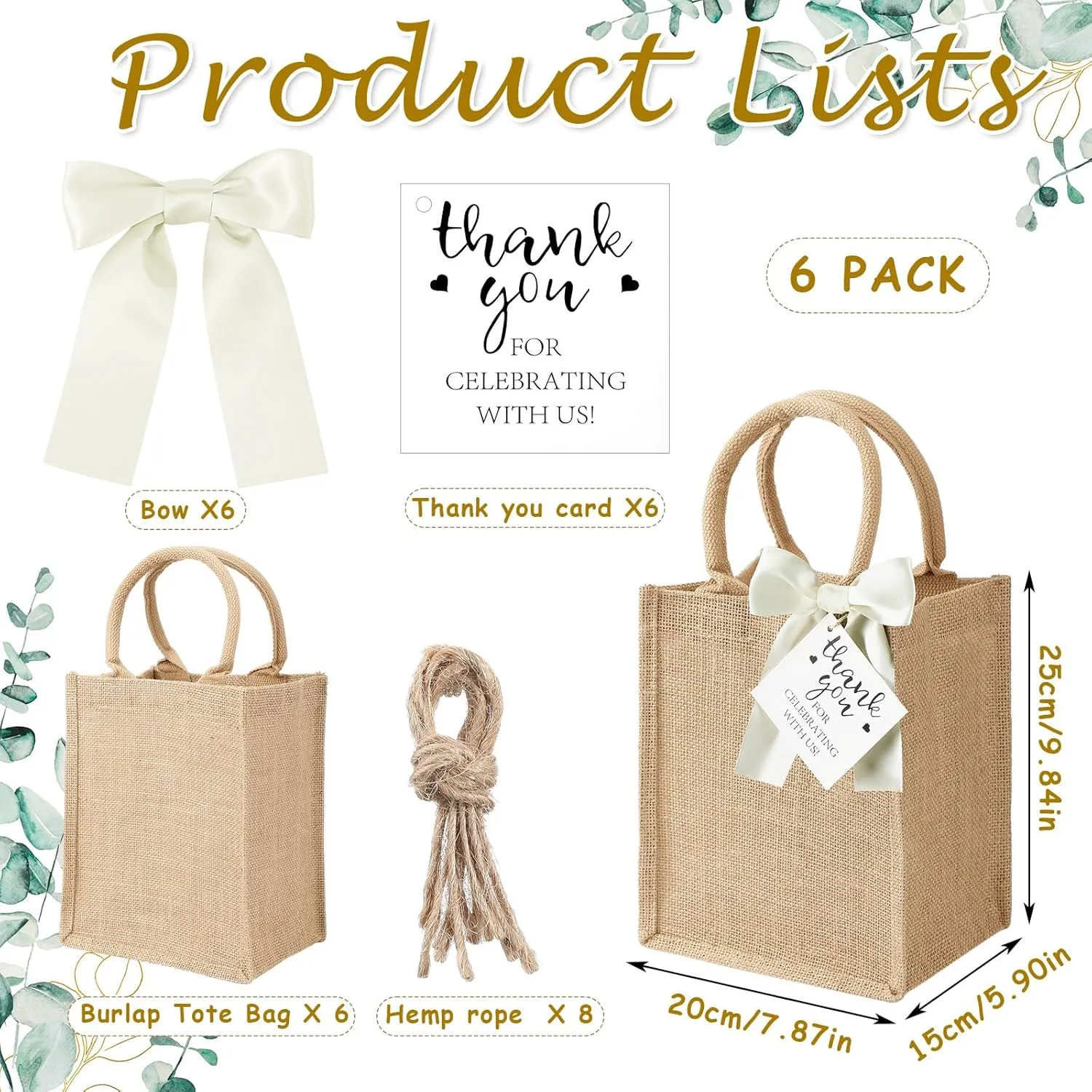Paterr 6 Pack Burlap Tote Bags with Handles Small Reusable Jute Bags with Bow Thank You Tag Burlap Gift Tote