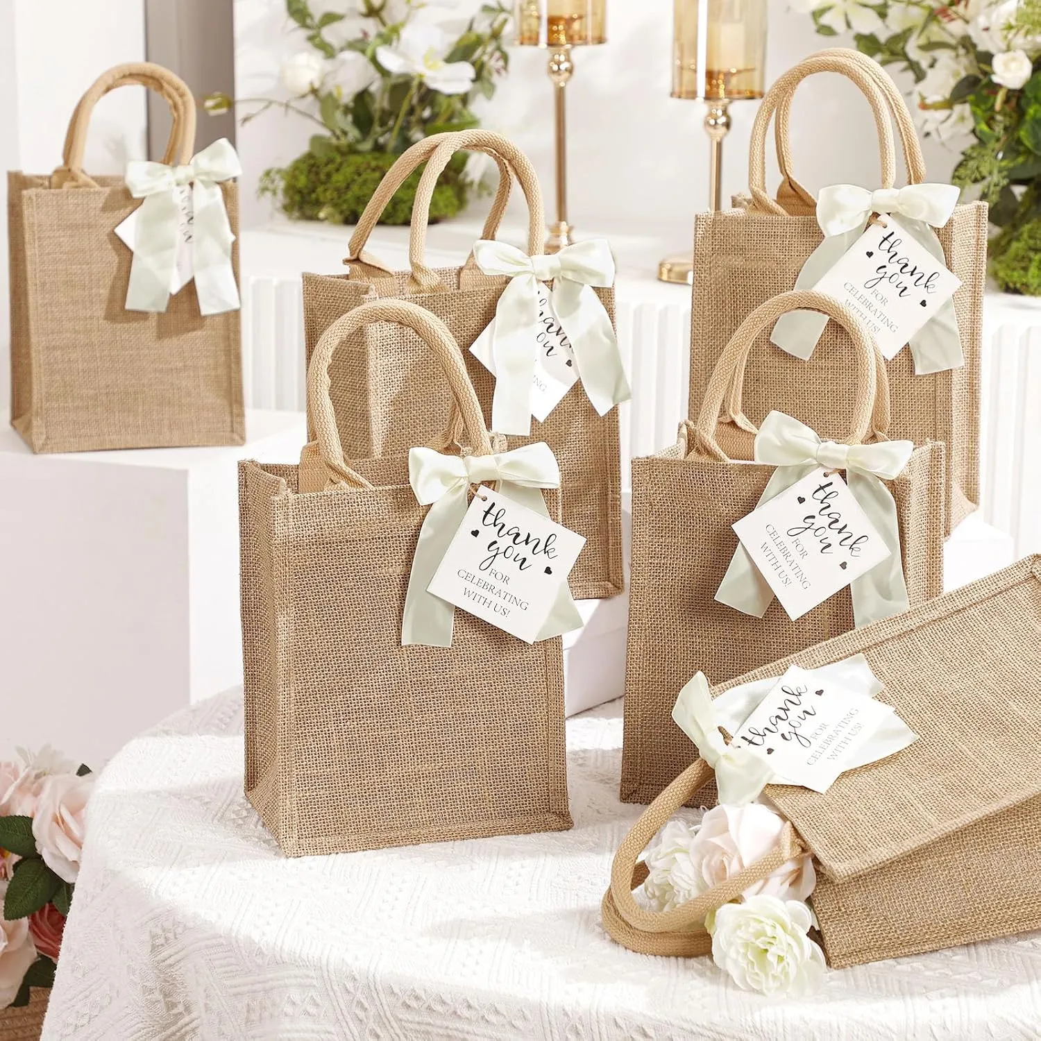 Paterr 6 Pack Burlap Tote Bags with Handles Small Reusable Jute Bags with Bow Thank You Tag Burlap Gift Tote