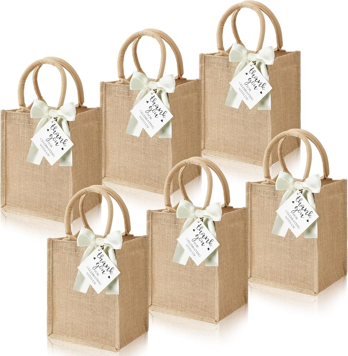 Paterr 6 Pack Burlap Tote Bags with Handles Small Reusable Jute Bags with Bow Thank You Tag Burlap Gift Tote