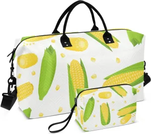 Pattern with Cartoon Corn Duffle Bags for Women Men Waterproof Weekender Overnight Bags Hospital Bag Large Tote Bag with Toiletry Bag for Yoga Gym Travel Sport Hospital