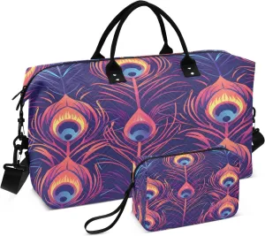 Peacock Feather Golden Travel Duffel Bags with Toiletry Bag for Travel Gym Yoga Weekender Bag