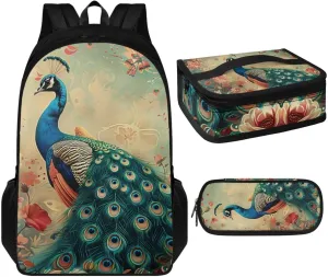 Peacock Print Backpack with Lunch Box Compartment Adjustable Straps Portable School Bag for Kids Retain Freshness Waterproof Insulated Lunch Bag for School