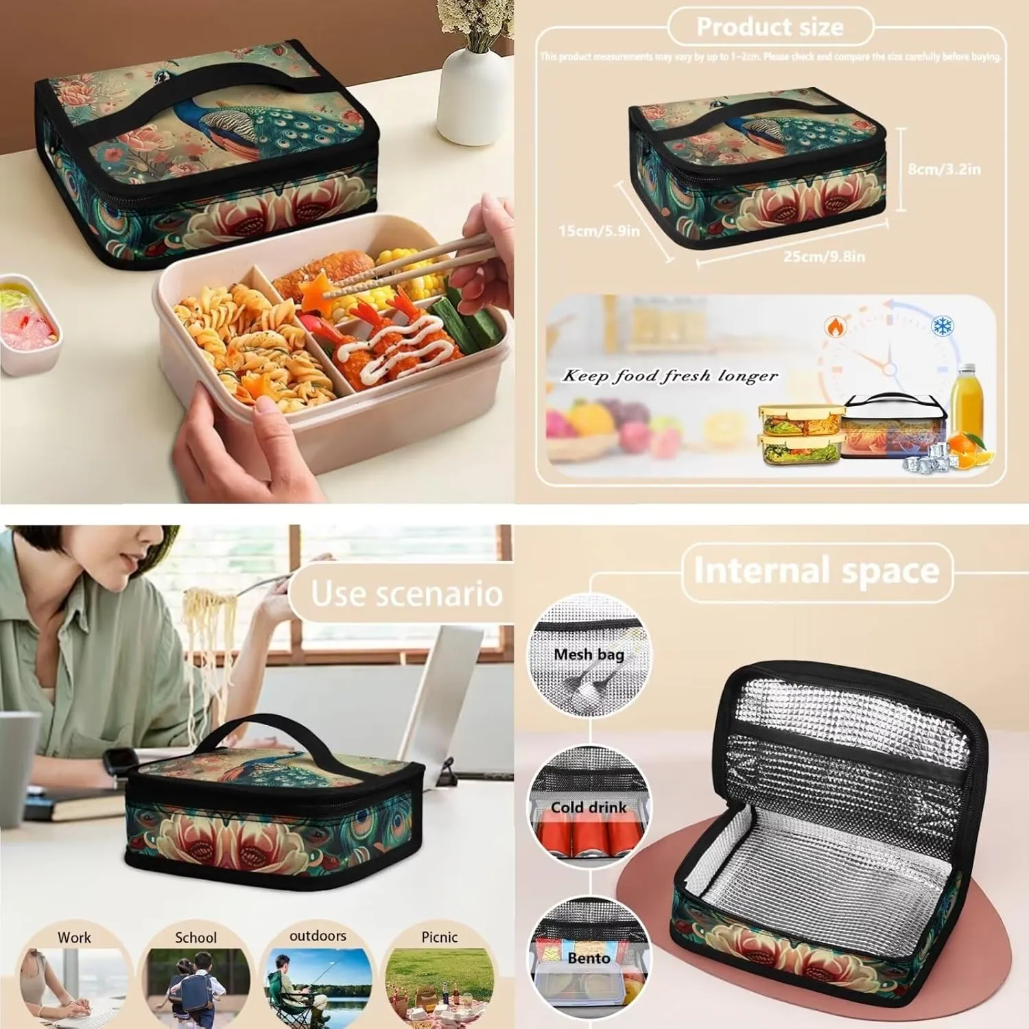 Peacock Print Backpack with Lunch Box Compartment Adjustable Straps Portable School Bag for Kids Retain Freshness Waterproof Insulated Lunch Bag for School