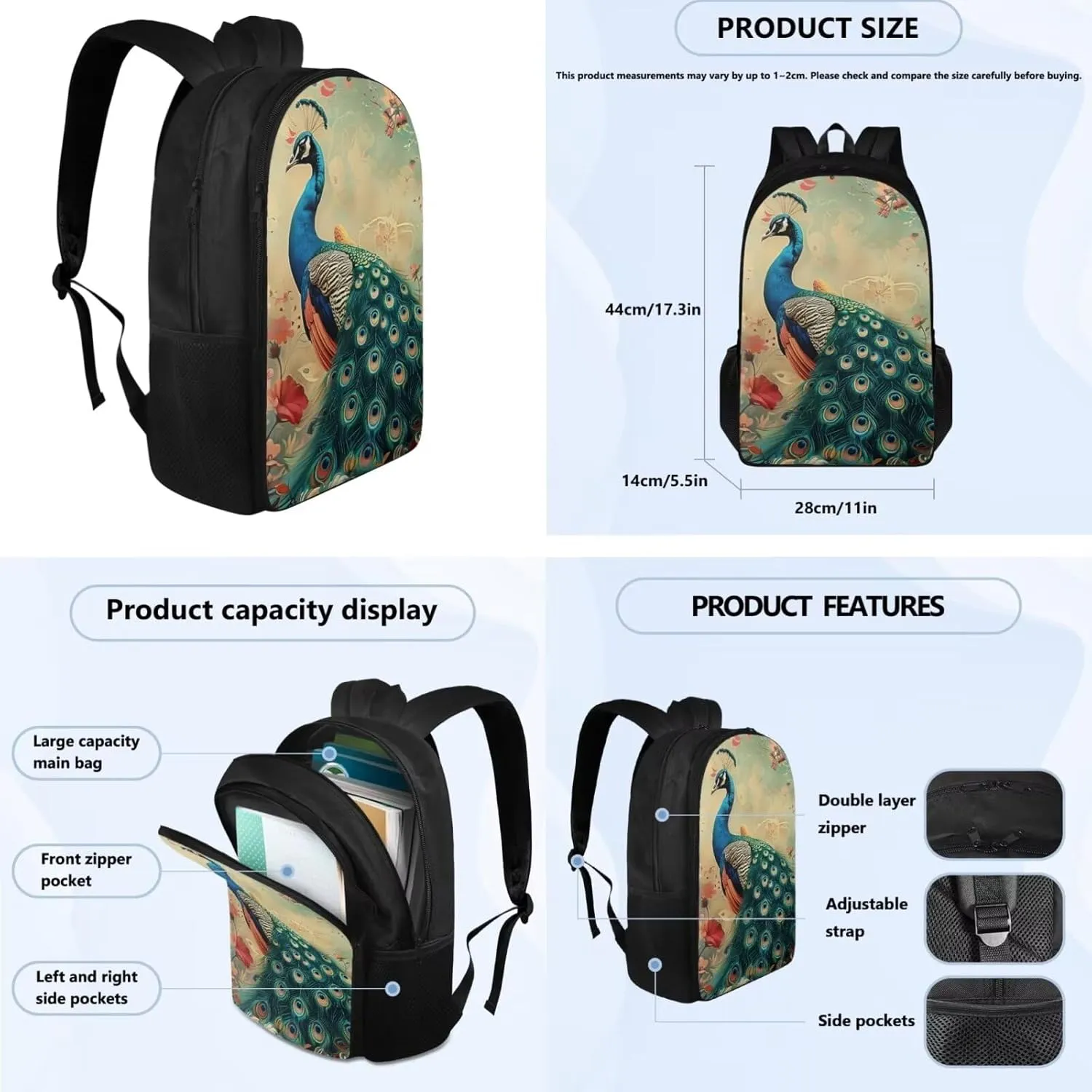 Peacock Print Backpack with Lunch Box Compartment Adjustable Straps Portable School Bag for Kids Retain Freshness Waterproof Insulated Lunch Bag for School