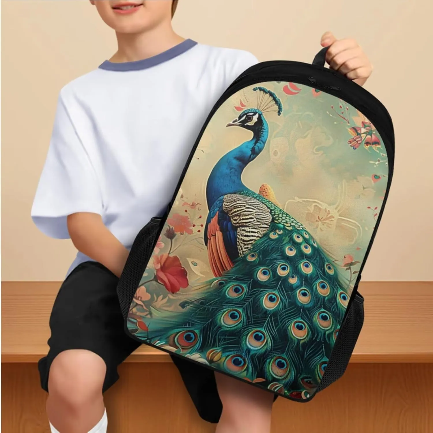 Peacock Print Backpack with Lunch Box Compartment Adjustable Straps Portable School Bag for Kids Retain Freshness Waterproof Insulated Lunch Bag for School
