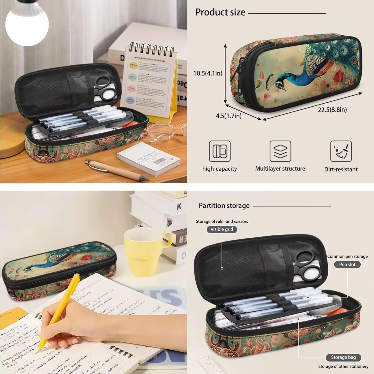 Peacock Print Backpack with Lunch Box Compartment Adjustable Straps Portable School Bag for Kids Retain Freshness Waterproof Insulated Lunch Bag for School
