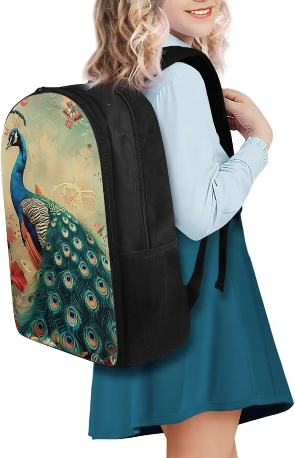 Peacock Print Backpack with Lunch Box Compartment Adjustable Straps Portable School Bag for Kids Retain Freshness Waterproof Insulated Lunch Bag for School