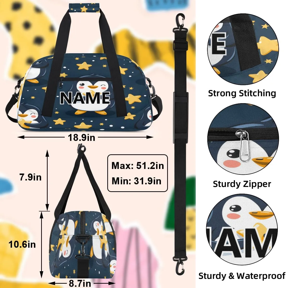 Penguin Mini Gym Bag 18 inch for Women Men Waterproof Custom Penguin Cartoon Travel Duffel Bag Carry On Overnight Tote Nurse Bag for Work Fitness Hiking