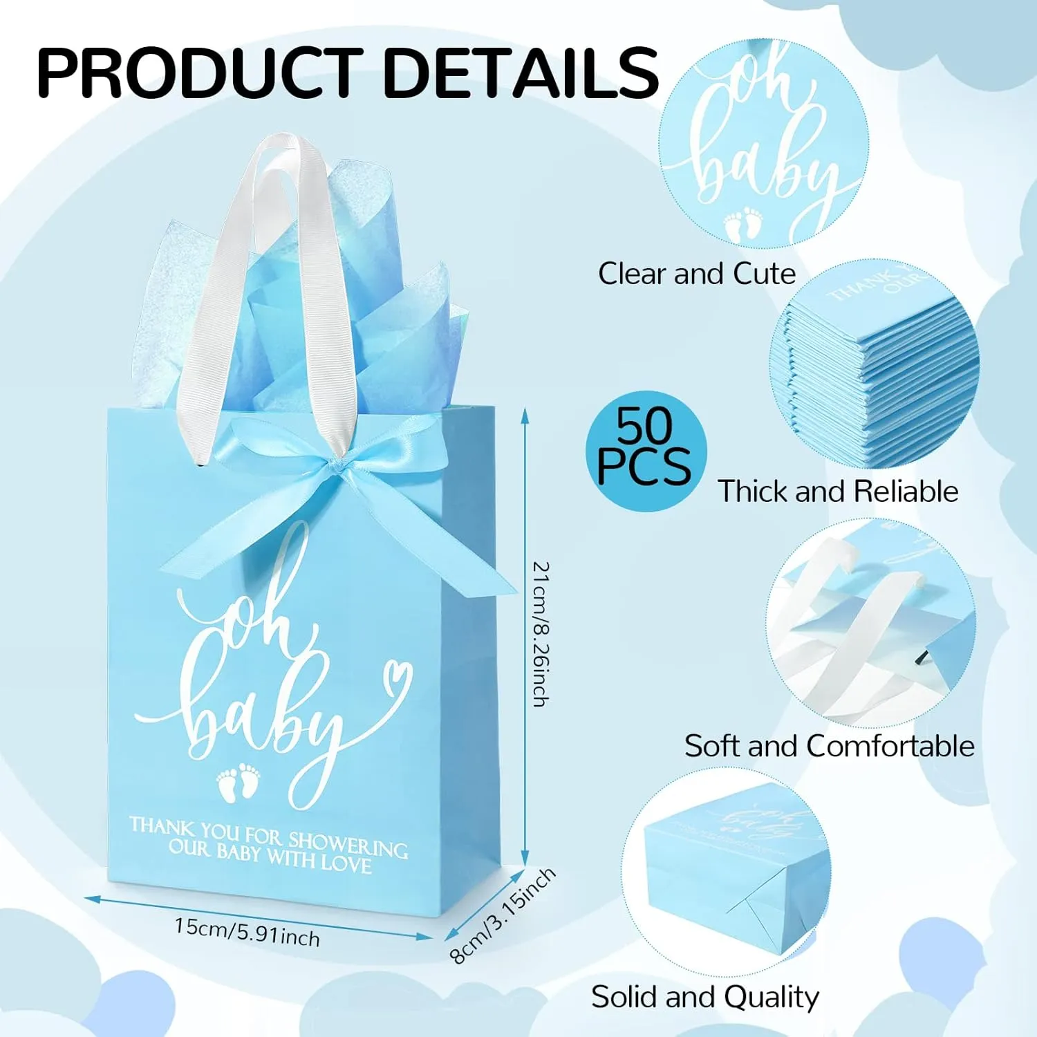 PerKoop 50 Packs Baby Shower Gifts Bags Bulk Baby Shower Favor Bags with Handle Paper and 50 Sheets Decorative Tissue Paper for Guests Gifts Gender Reveal(Blue)