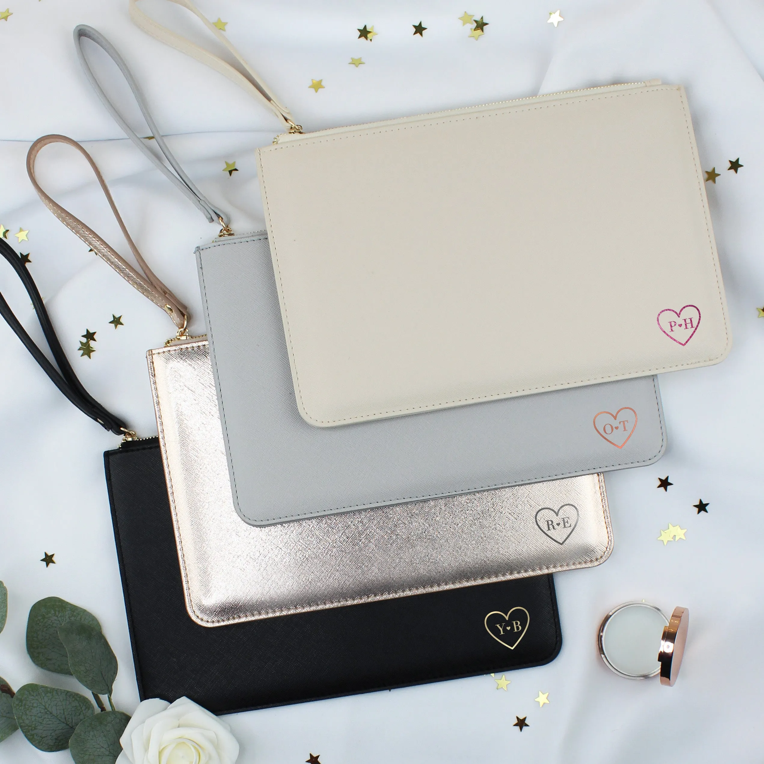 Personalised Monogrammed PU Leather Clutch Bag with Wristlet - Initials & Heart