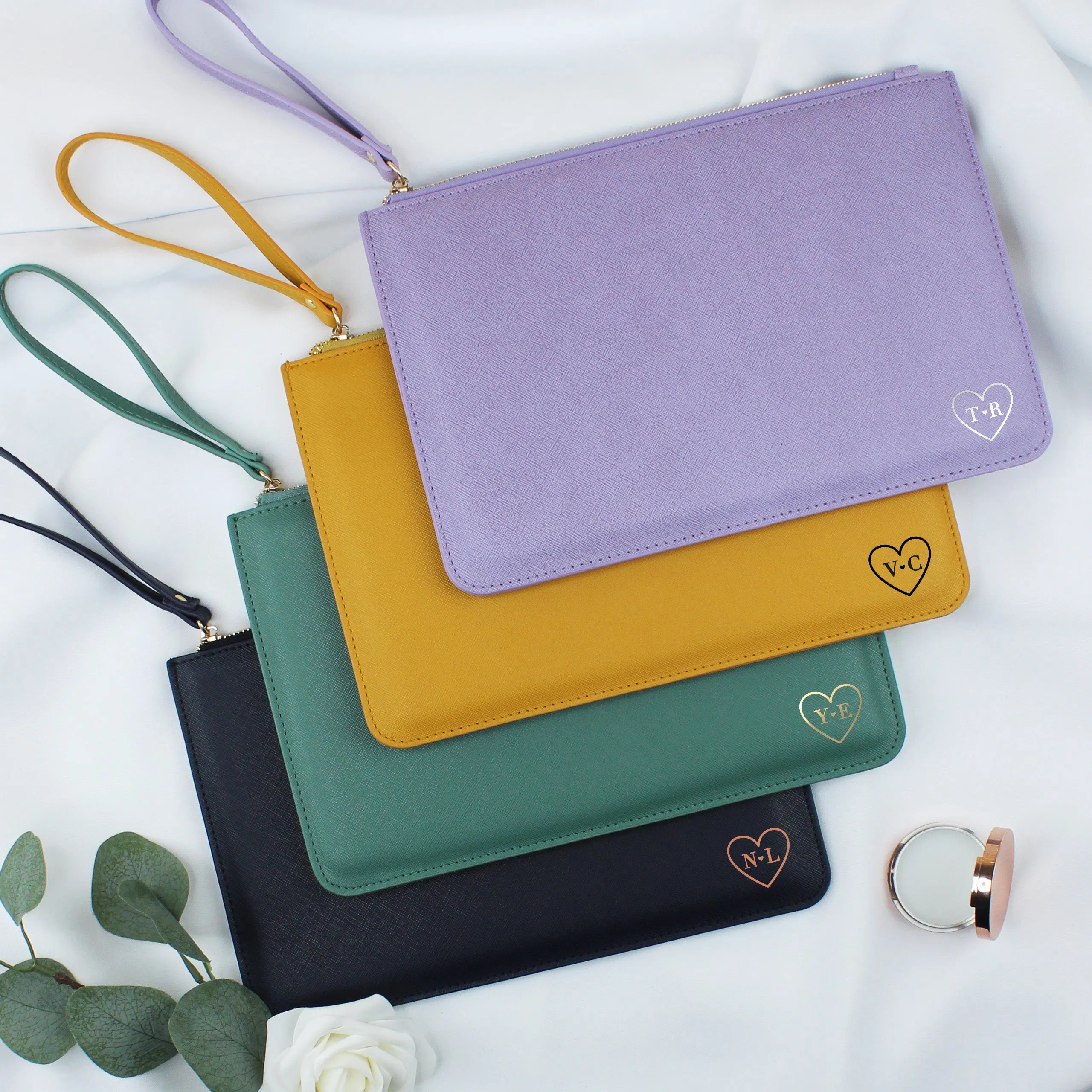 Personalised Monogrammed PU Leather Clutch Bag with Wristlet - Initials & Heart