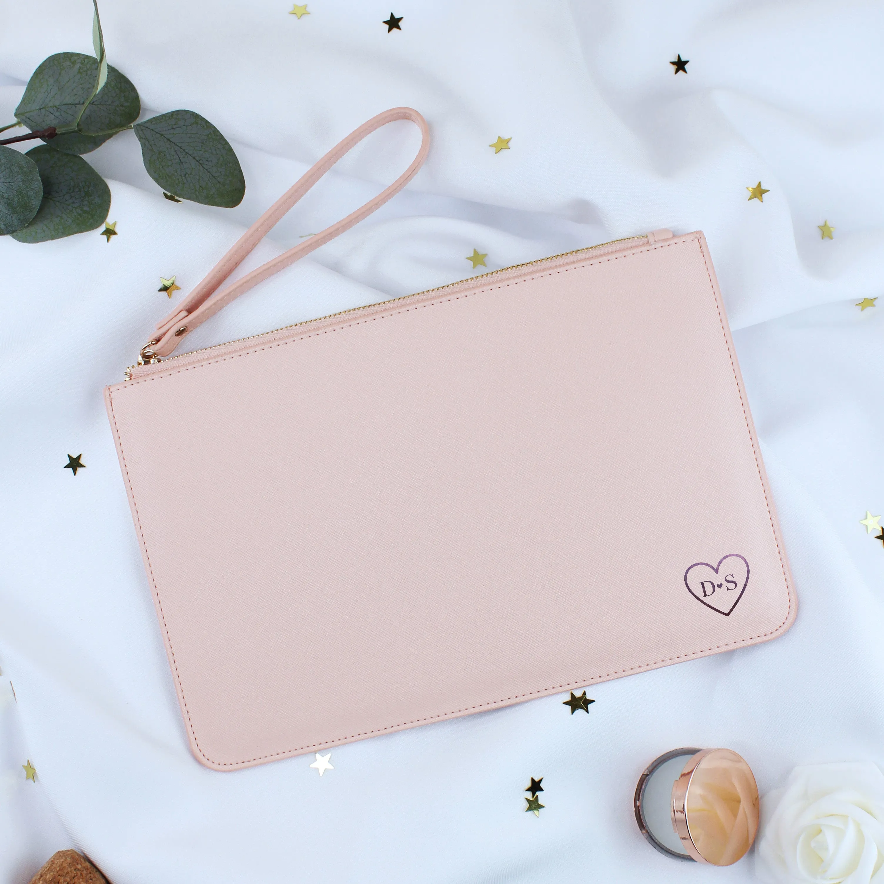 Personalised Monogrammed PU Leather Clutch Bag with Wristlet - Initials & Heart