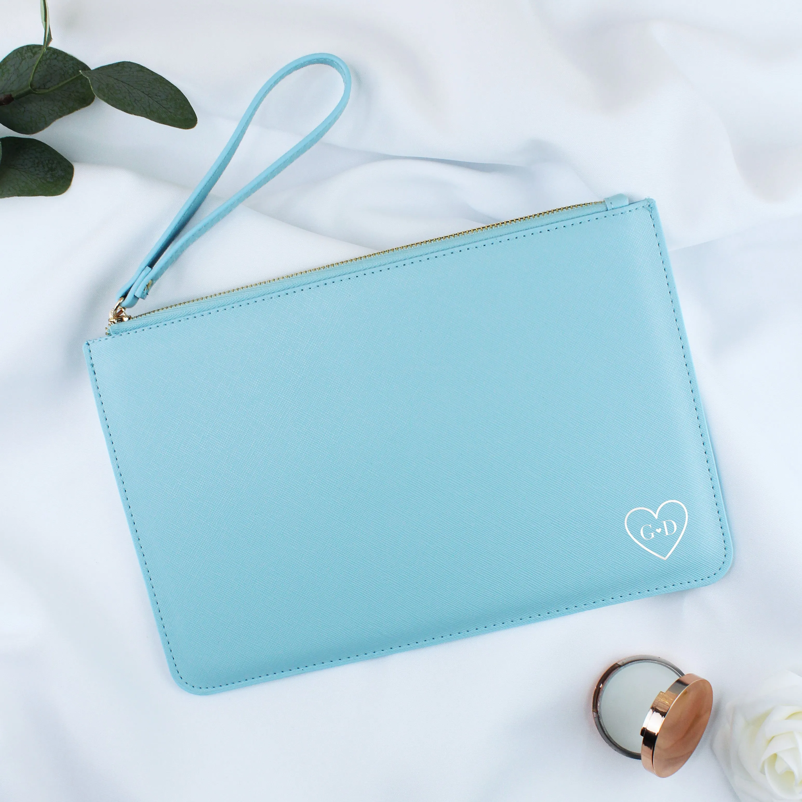 Personalised Monogrammed PU Leather Clutch Bag with Wristlet - Initials & Heart