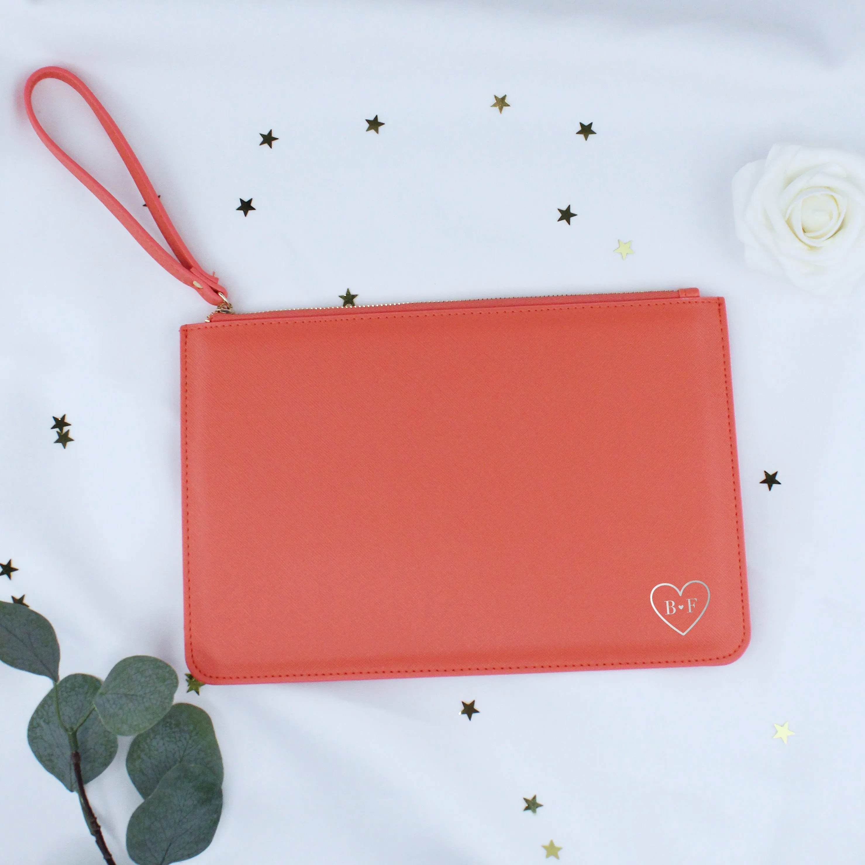 Personalised Monogrammed PU Leather Clutch Bag with Wristlet - Initials & Heart