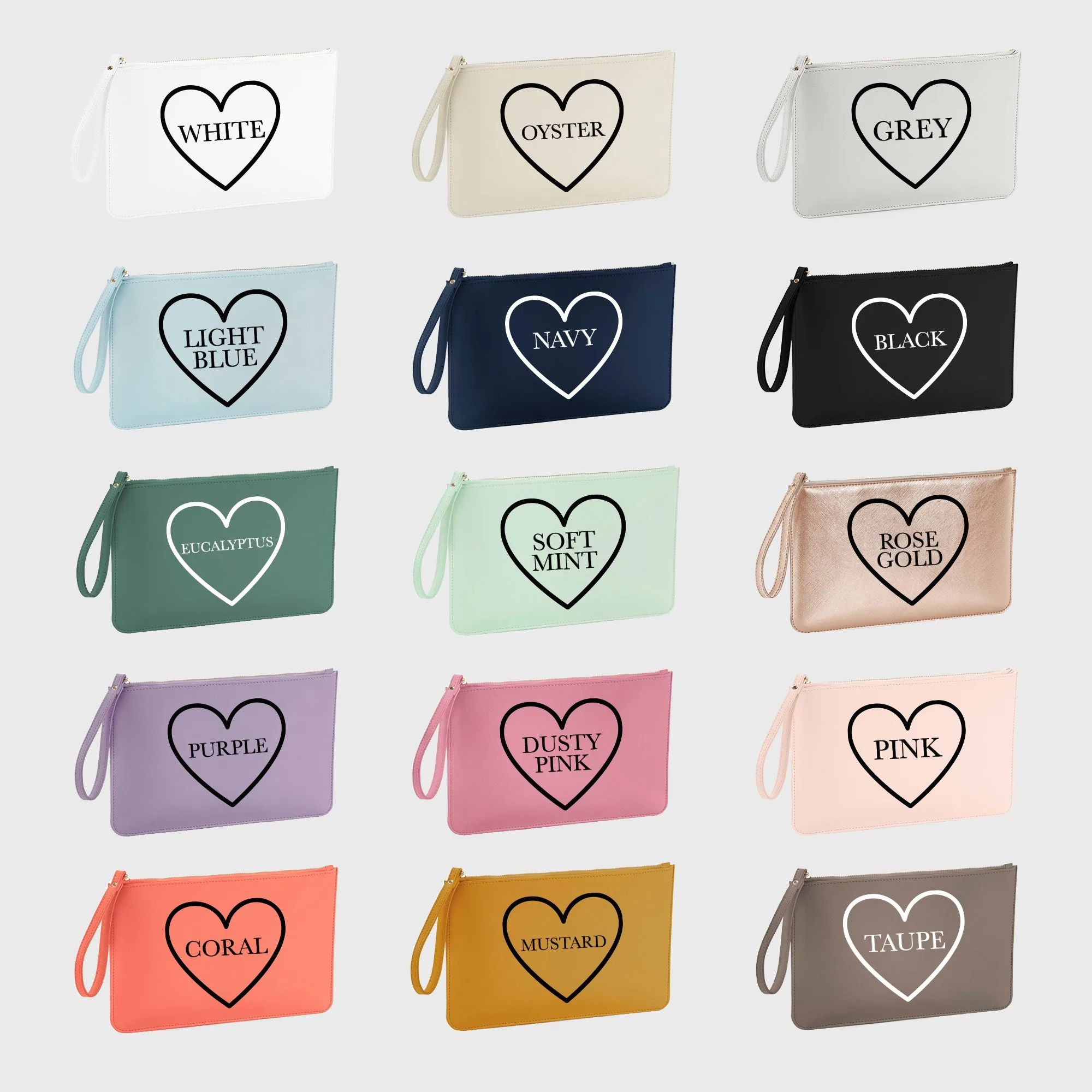 Personalised Monogrammed PU Leather Clutch Bag with Wristlet - Initials & Heart