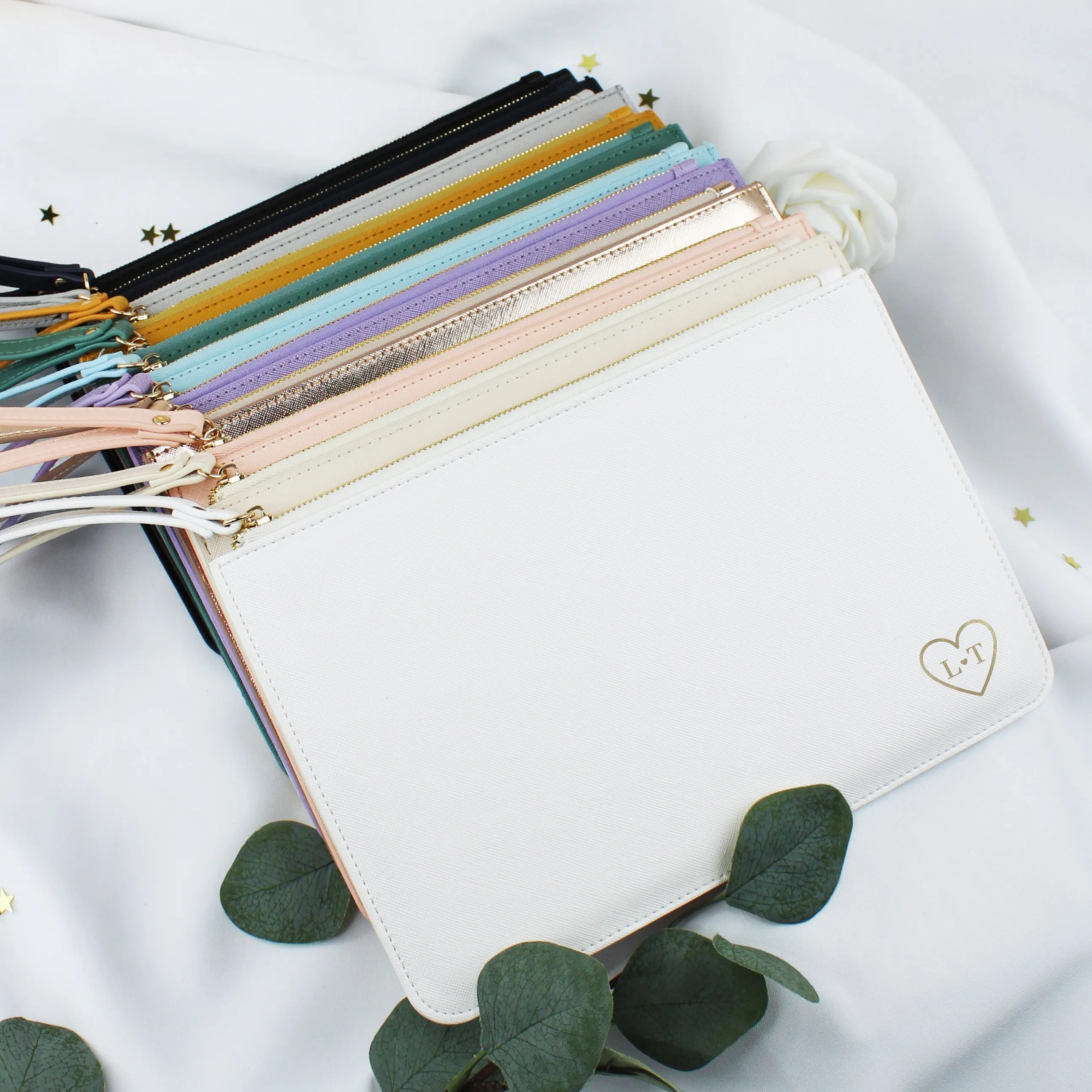 Personalised Monogrammed PU Leather Clutch Bag with Wristlet - Initials & Heart