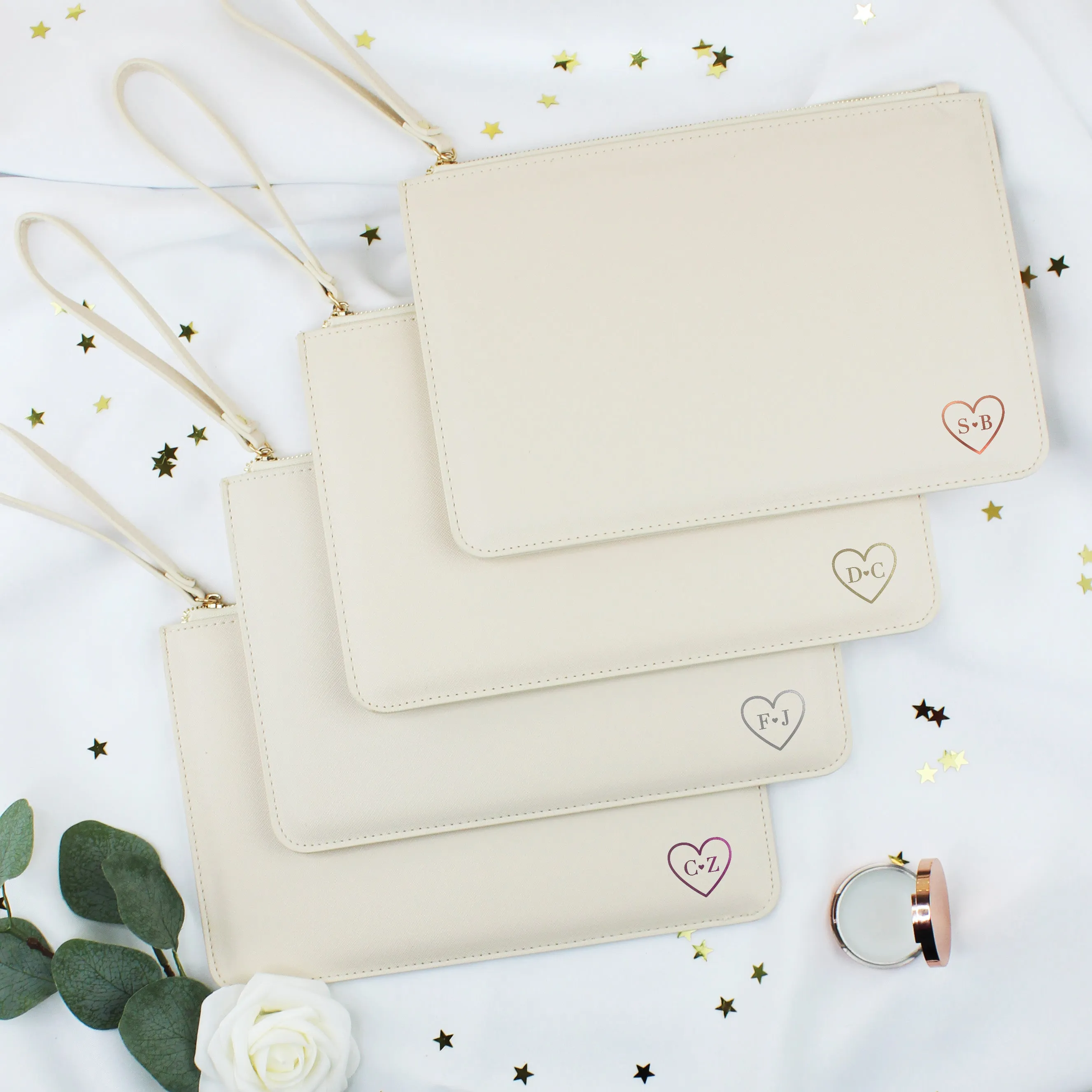 Personalised Monogrammed PU Leather Clutch Bag with Wristlet - Initials & Heart