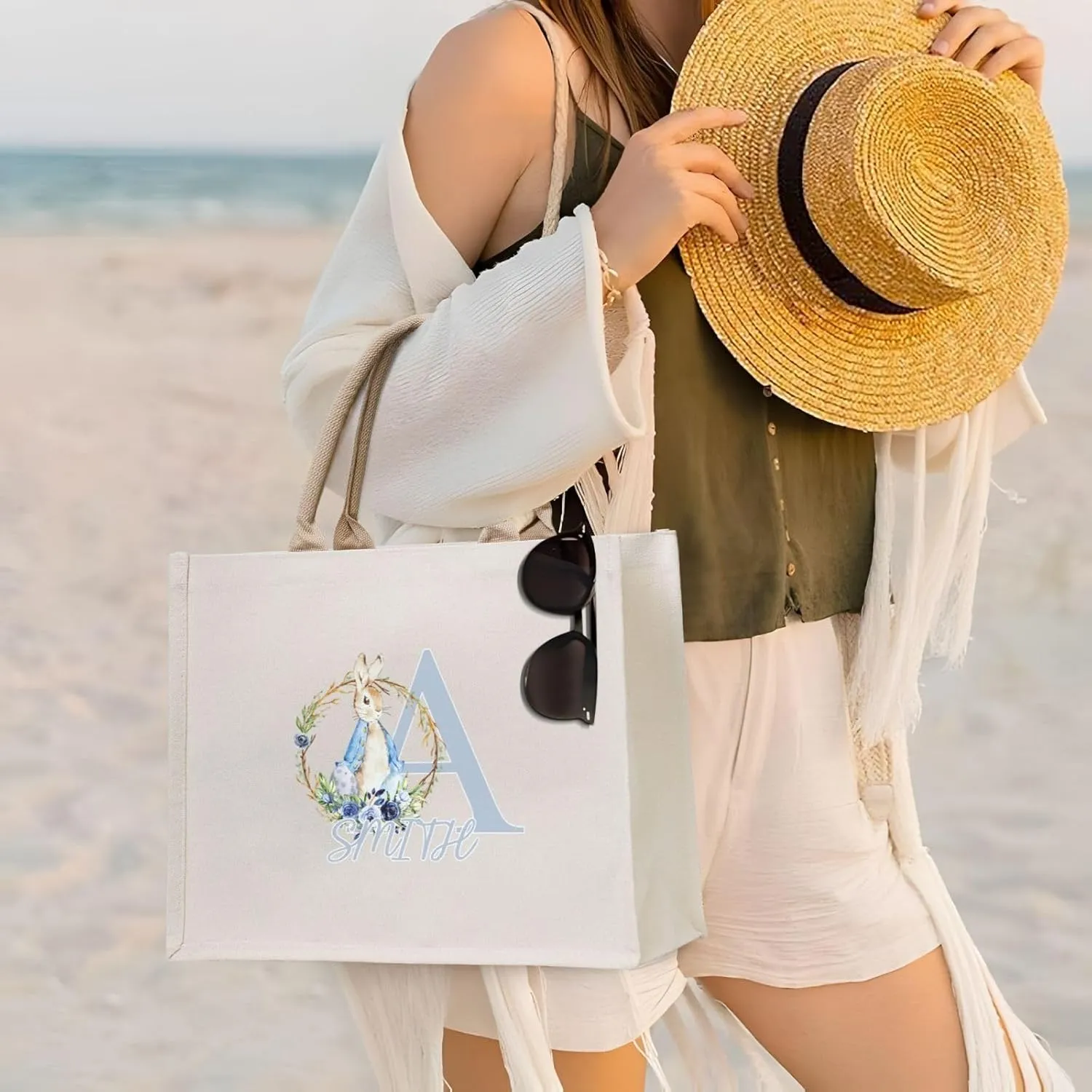 Personalized Canvas Beach Tote Bags for Shopping Travel, Birthday Bridesmaid Christmas Gifts for Women