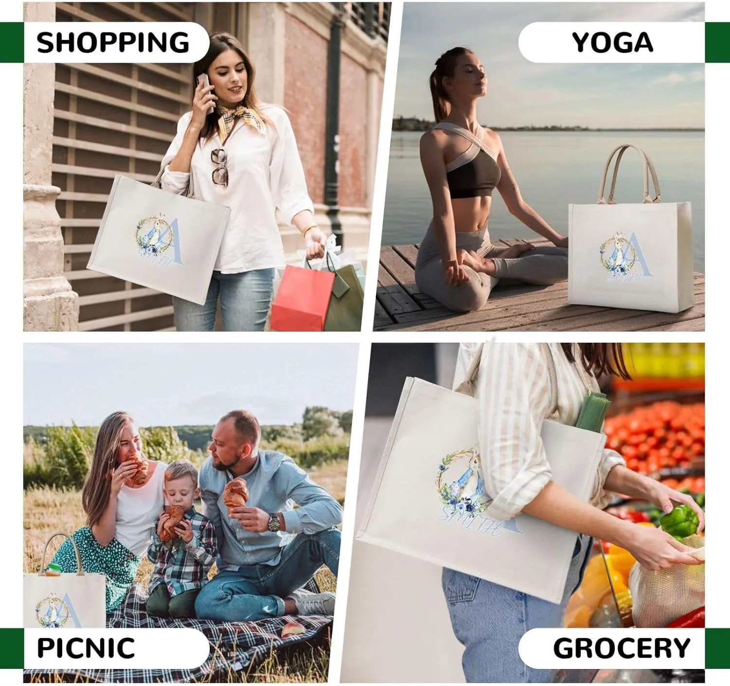 Personalized Canvas Beach Tote Bags for Shopping Travel, Birthday Bridesmaid Christmas Gifts for Women