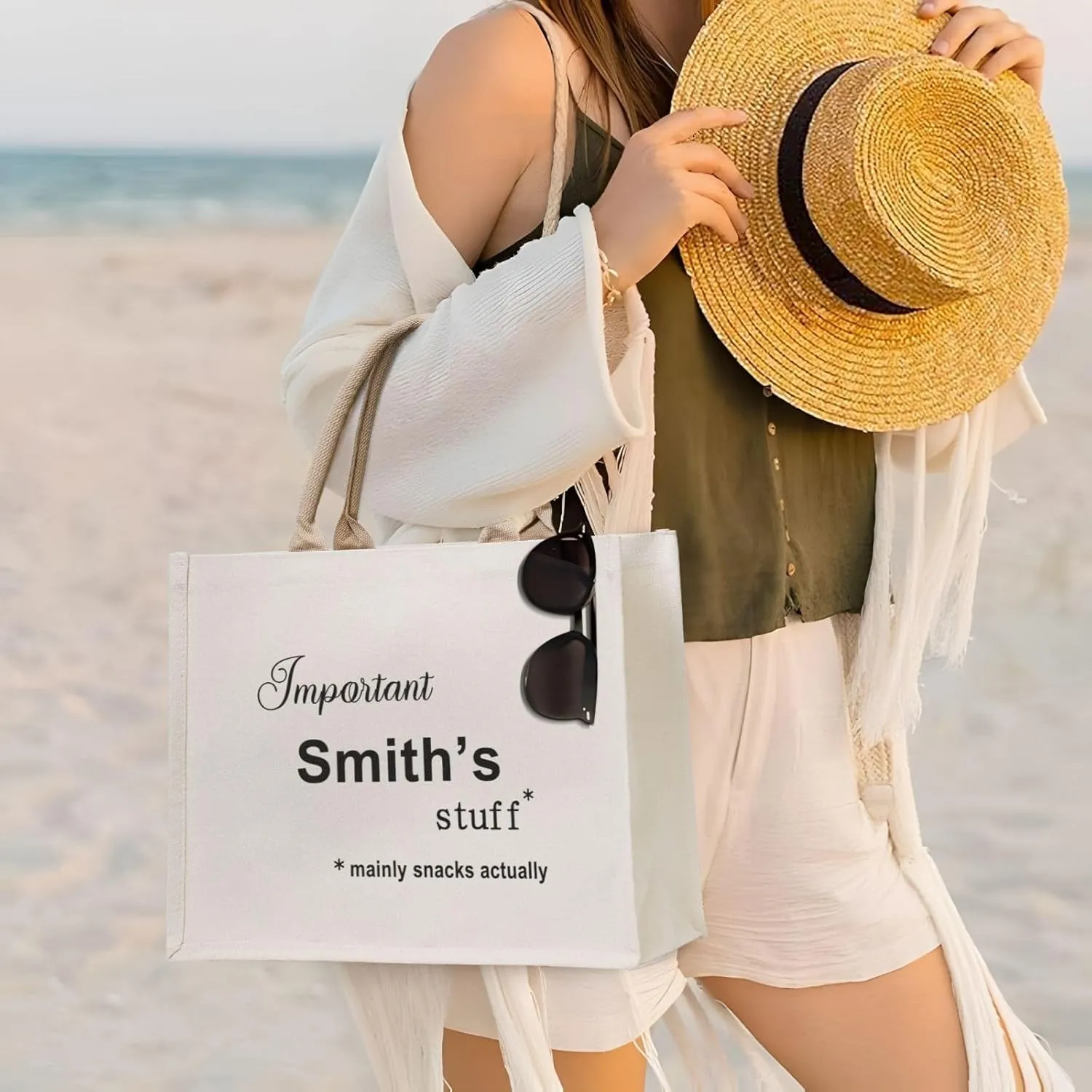 Personalized Canvas Beach Tote Bags for Shopping Travel, Birthday Bridesmaid Christmas Gifts for Women