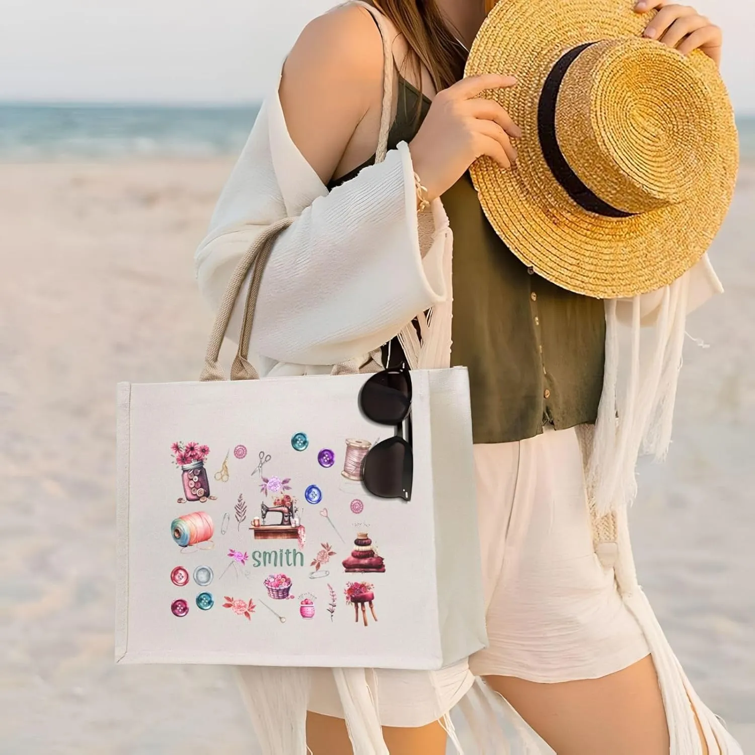 Personalized Canvas Beach Tote Bags for Shopping Travel, Birthday Bridesmaid Christmas Gifts for Women