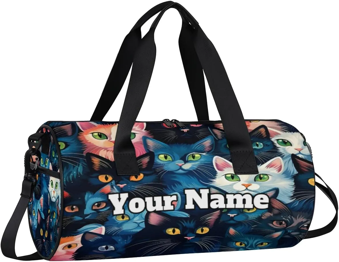 Personalized Cat Theme Sport Gym Bag, Custom Name Duffel Bags for Men, Waterproof Custom Sport Duffel Bag, Gymnastics Dance, Colourful Cat