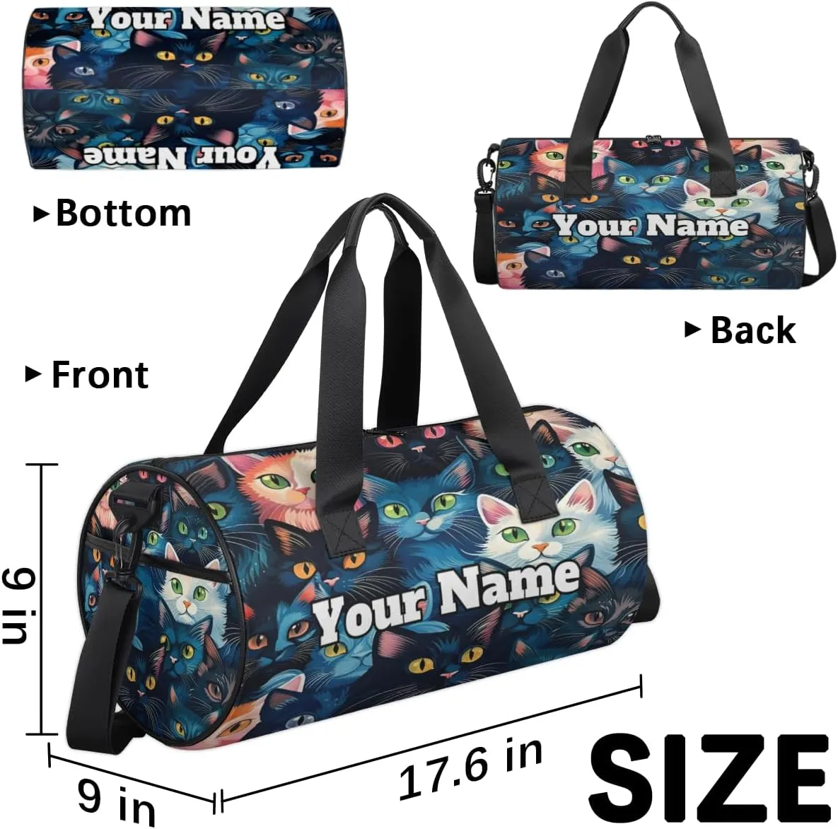 Personalized Cat Theme Sport Gym Bag, Custom Name Duffel Bags for Men, Waterproof Custom Sport Duffel Bag, Gymnastics Dance, Colourful Cat
