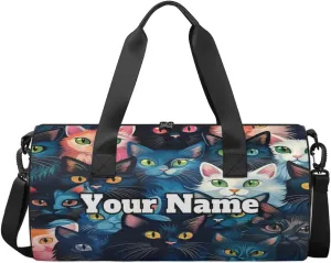 Personalized Cat Theme Sport Gym Bag, Custom Name Duffel Bags for Men, Waterproof Custom Sport Duffel Bag, Gymnastics Dance, Colourful Cat
