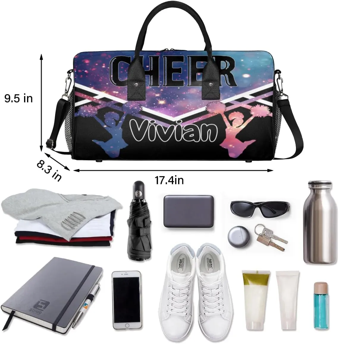 Personalized Cheer Bag for Cheerleader, Custom Sport Duffel Bag with Name Customized Travel Overnight Weekender Bags Dance Bag, Stars Sky Personalized Cheerleading