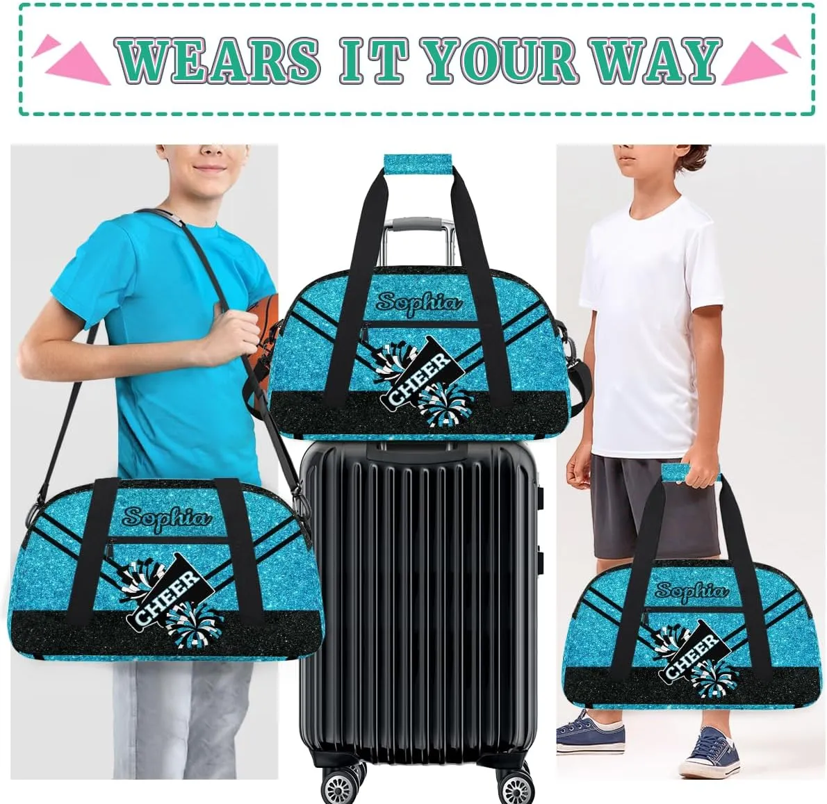 Personalized Cheer Bag Girl Sport Duffel Bag, Custom Kids Gym Bag, Customize Travel Duffle Bag with Name, Overnight Weekender Bags,Glitter Sky Blue, Cheerleading Gifts