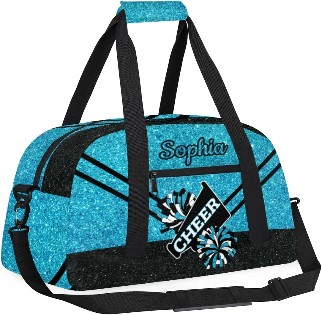 Personalized Cheer Bag Girl Sport Duffel Bag, Custom Kids Gym Bag, Customize Travel Duffle Bag with Name, Overnight Weekender Bags,Glitter Sky Blue, Cheerleading Gifts