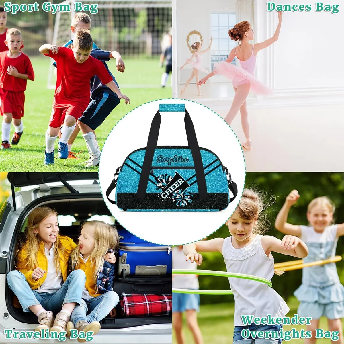 Personalized Cheer Bag Girl Sport Duffel Bag, Custom Kids Gym Bag, Customize Travel Duffle Bag with Name, Overnight Weekender Bags,Glitter Sky Blue, Cheerleading Gifts