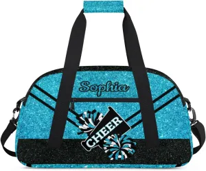 Personalized Cheer Bag Girl Sport Duffel Bag, Custom Kids Gym Bag, Customize Travel Duffle Bag with Name, Overnight Weekender Bags,Glitter Sky Blue, Cheerleading Gifts