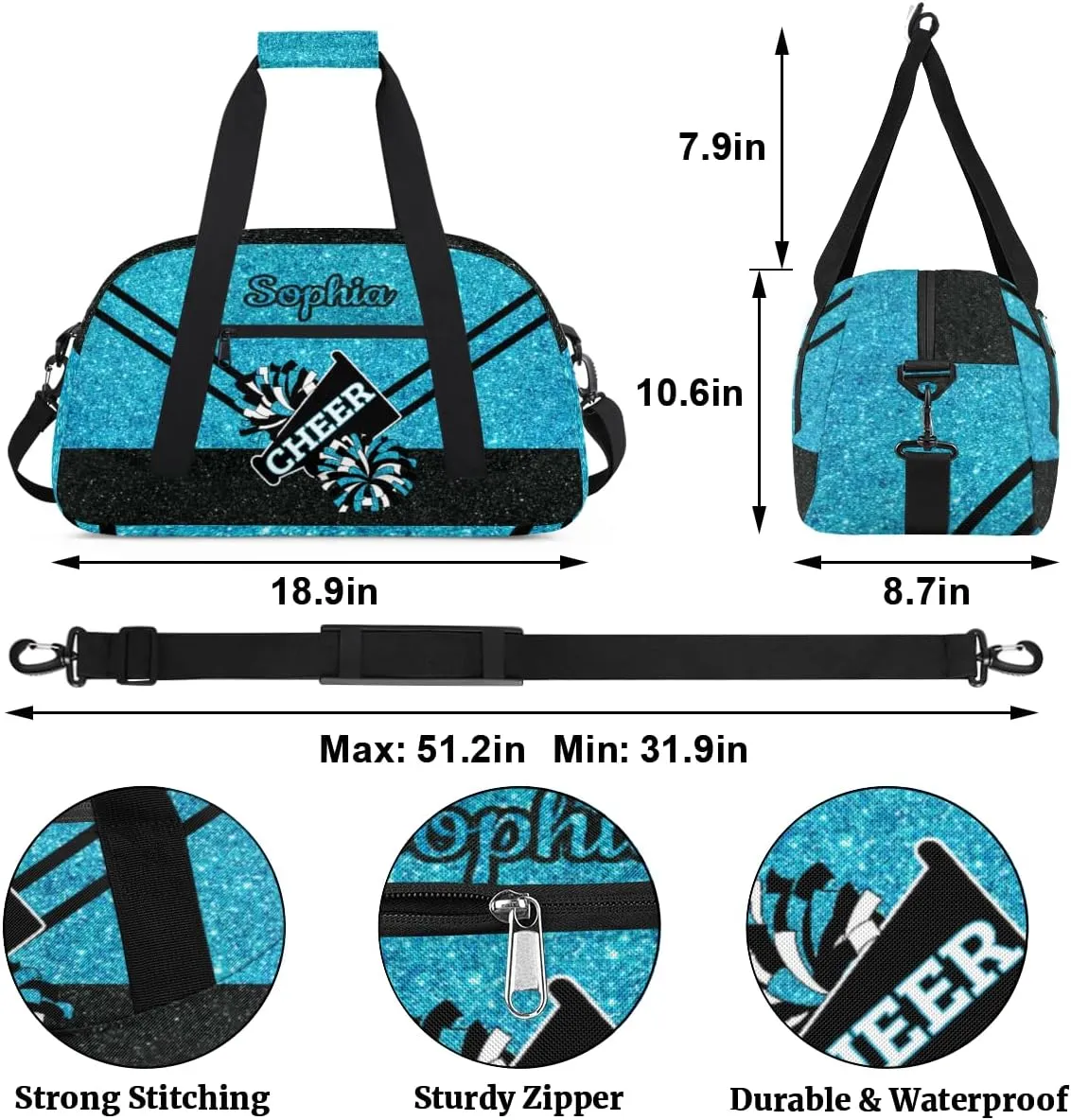 Personalized Cheer Bag Girl Sport Duffel Bag, Custom Kids Gym Bag, Customize Travel Duffle Bag with Name, Overnight Weekender Bags,Glitter Sky Blue, Cheerleading Gifts