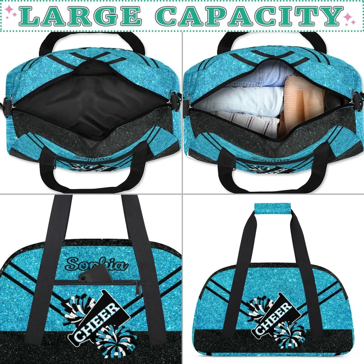 Personalized Cheer Bag Girl Sport Duffel Bag, Custom Kids Gym Bag, Customize Travel Duffle Bag with Name, Overnight Weekender Bags,Glitter Sky Blue, Cheerleading Gifts