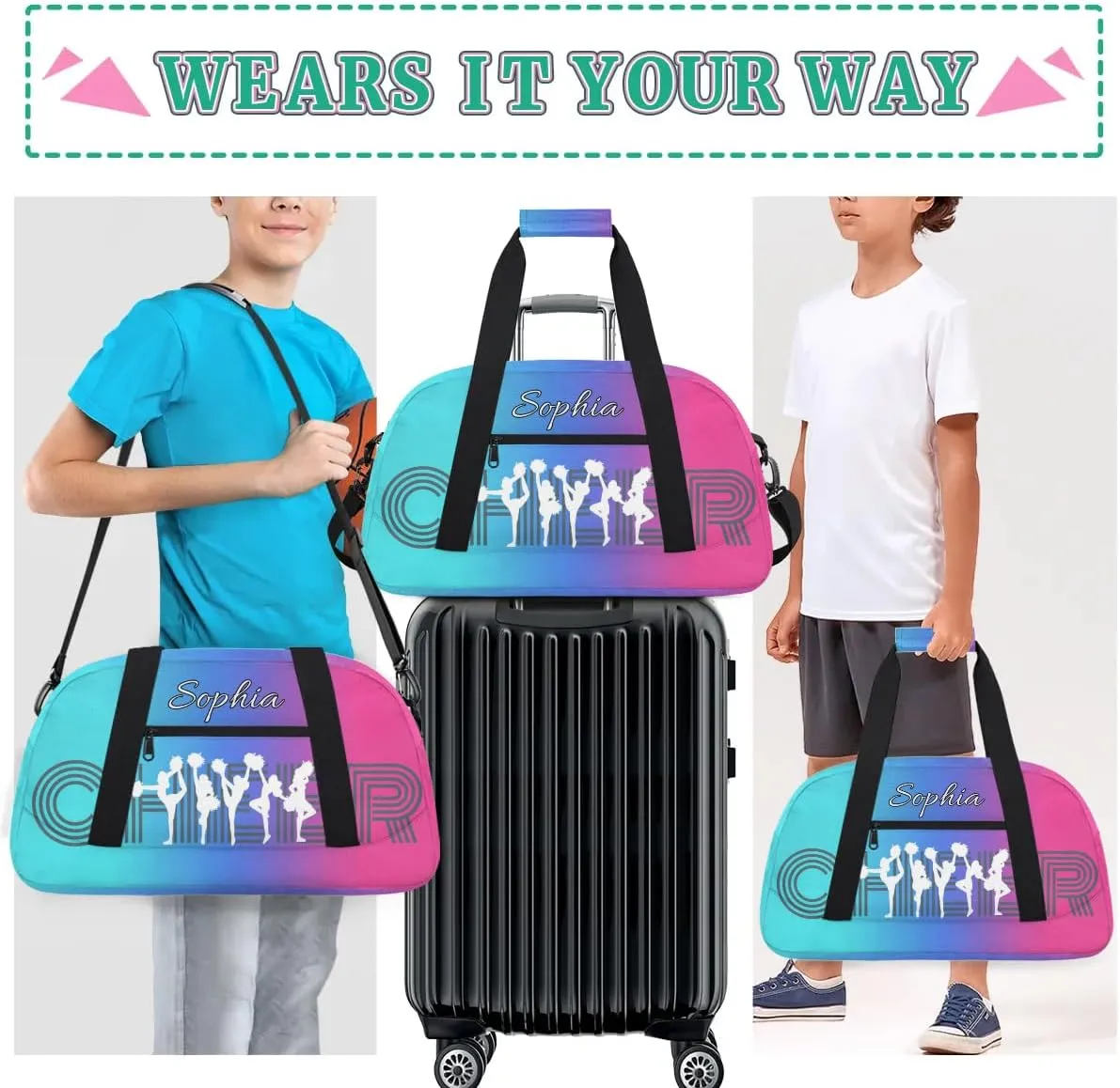 Personalized Cheer Bag with Name Custom Cheerleader Bags Cheer Dance Bag Customize Cheer Duffel Bag Overnight Weekender Bag, Blue Pink