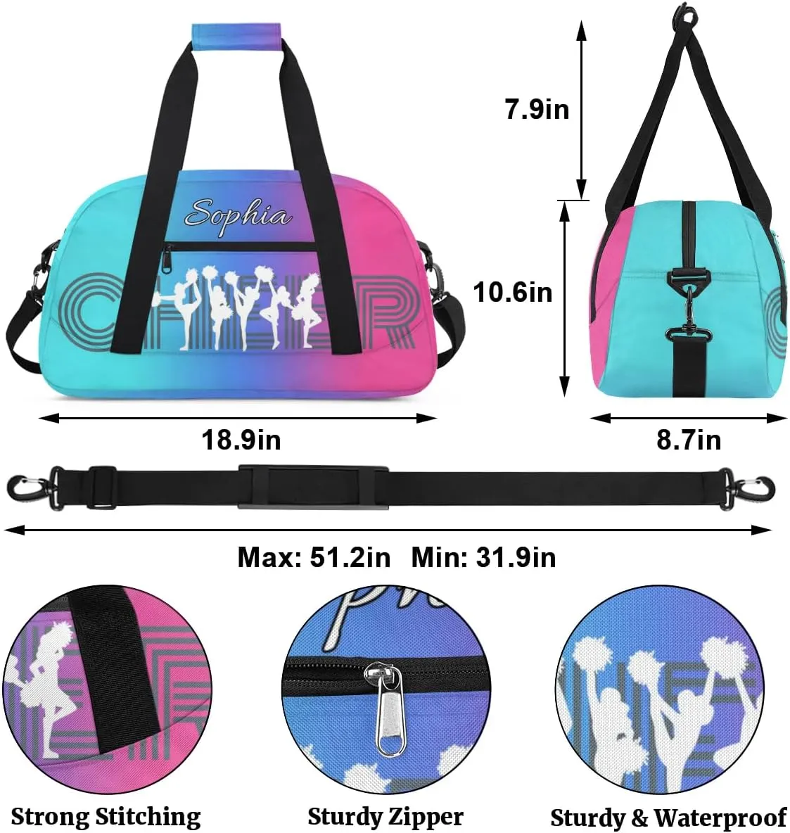 Personalized Cheer Bag with Name Custom Cheerleader Bags Cheer Dance Bag Customize Cheer Duffel Bag Overnight Weekender Bag, Blue Pink