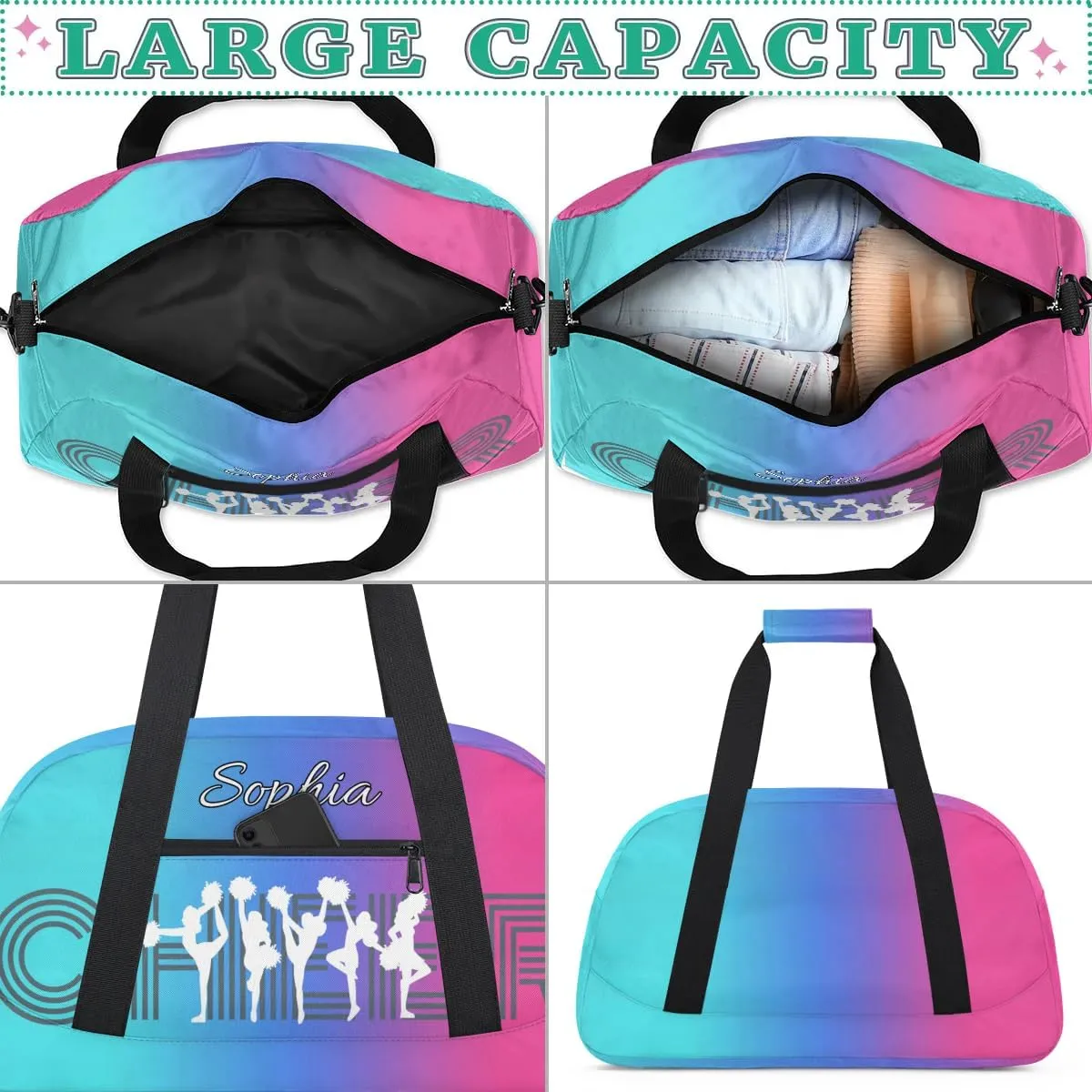 Personalized Cheer Bag with Name Custom Cheerleader Bags Cheer Dance Bag Customize Cheer Duffel Bag Overnight Weekender Bag, Blue Pink