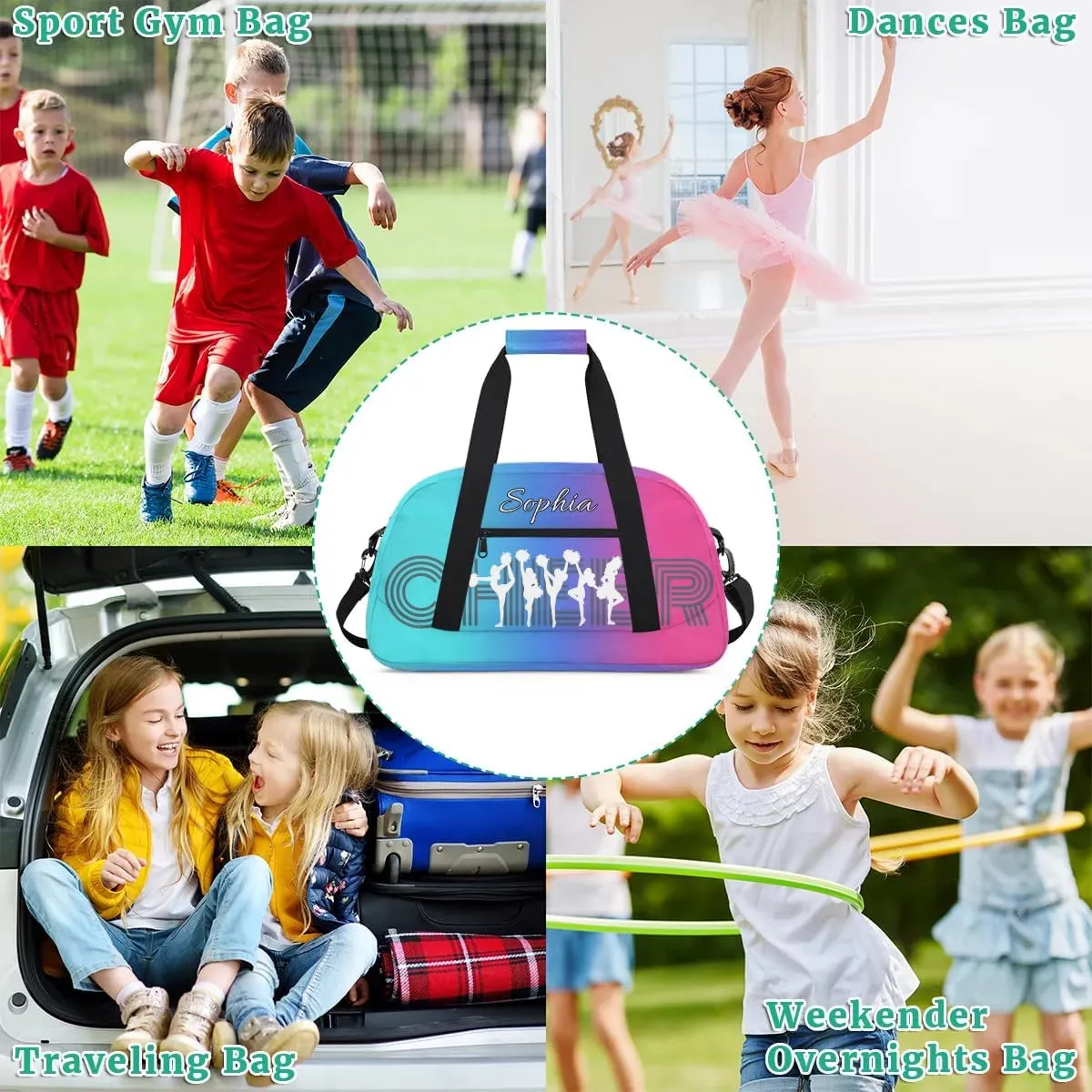 Personalized Cheer Bag with Name Custom Cheerleader Bags Cheer Dance Bag Customize Cheer Duffel Bag Overnight Weekender Bag, Blue Pink