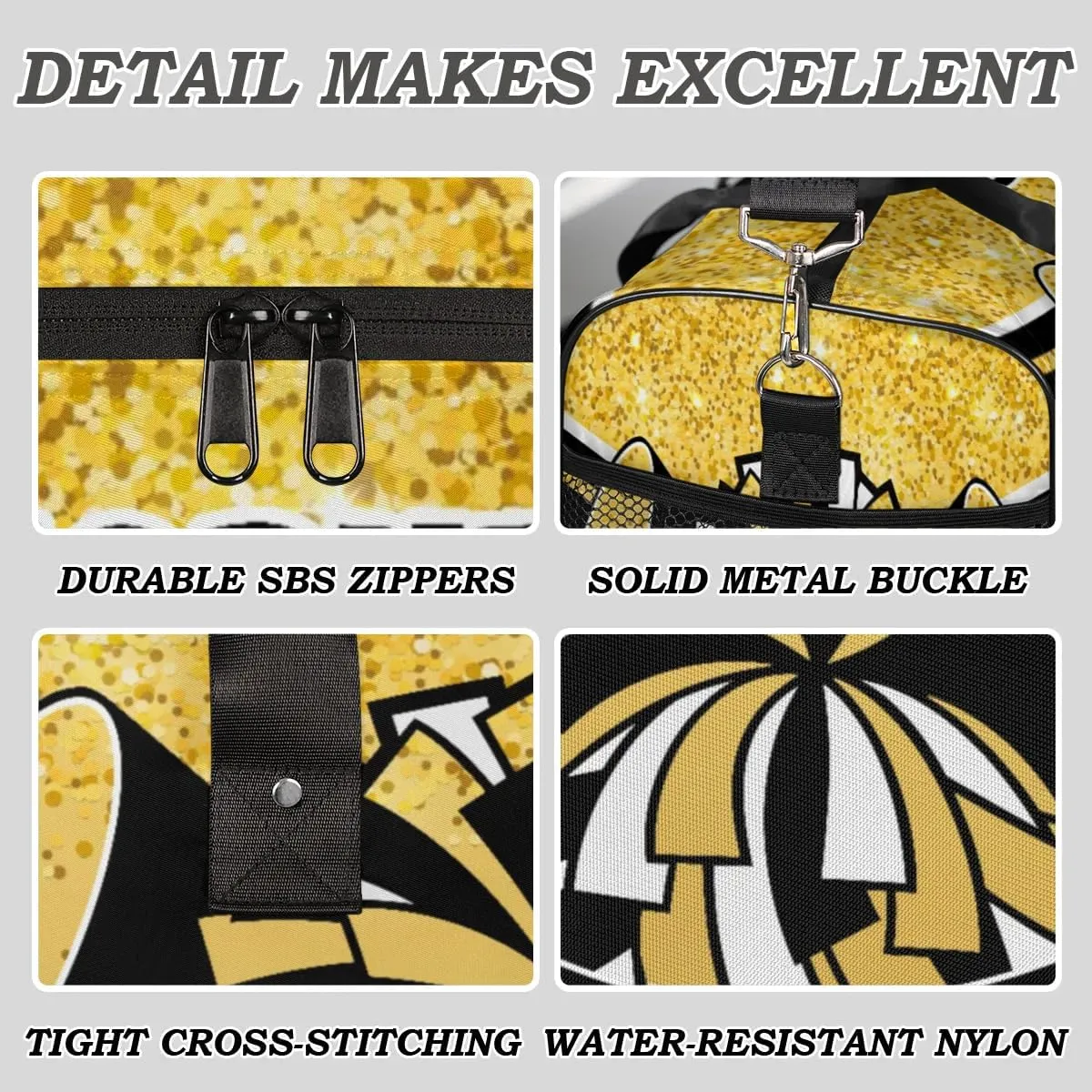 Personalized Cheer Bags for Cheerleaders Custom Sport Duffel Bag Gym Bag Travel Duffle Bag Overnight Weekender Bag with Name Yellow Glitter