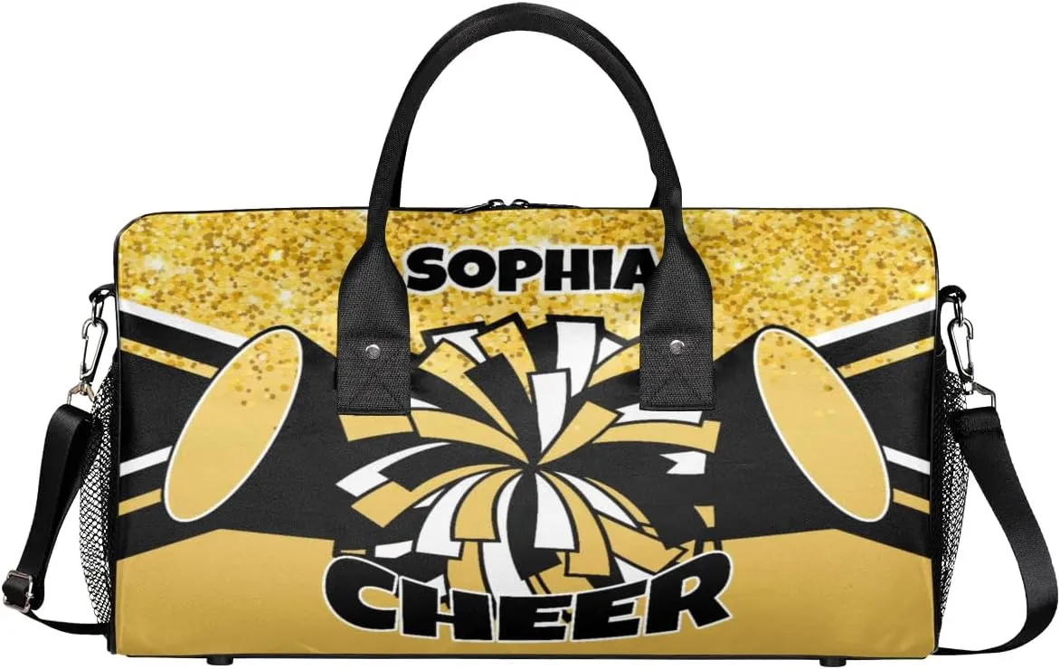 Personalized Cheer Bags for Cheerleaders Custom Sport Duffel Bag Gym Bag Travel Duffle Bag Overnight Weekender Bag with Name Yellow Glitter
