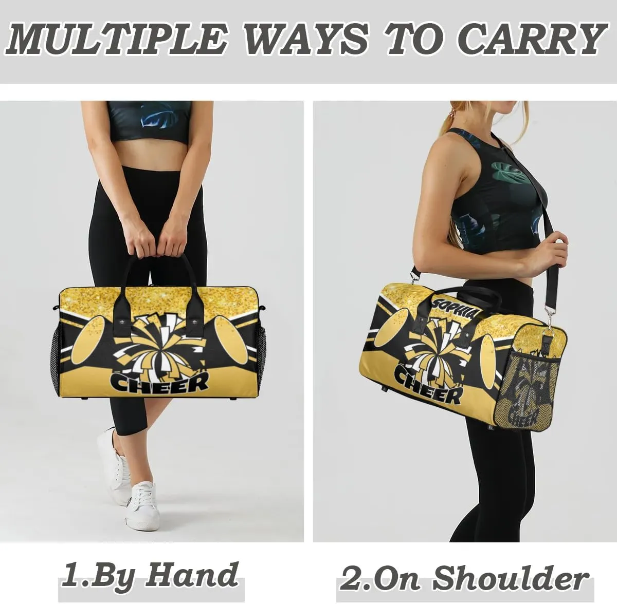 Personalized Cheer Bags for Cheerleaders Custom Sport Duffel Bag Gym Bag Travel Duffle Bag Overnight Weekender Bag with Name Yellow Glitter