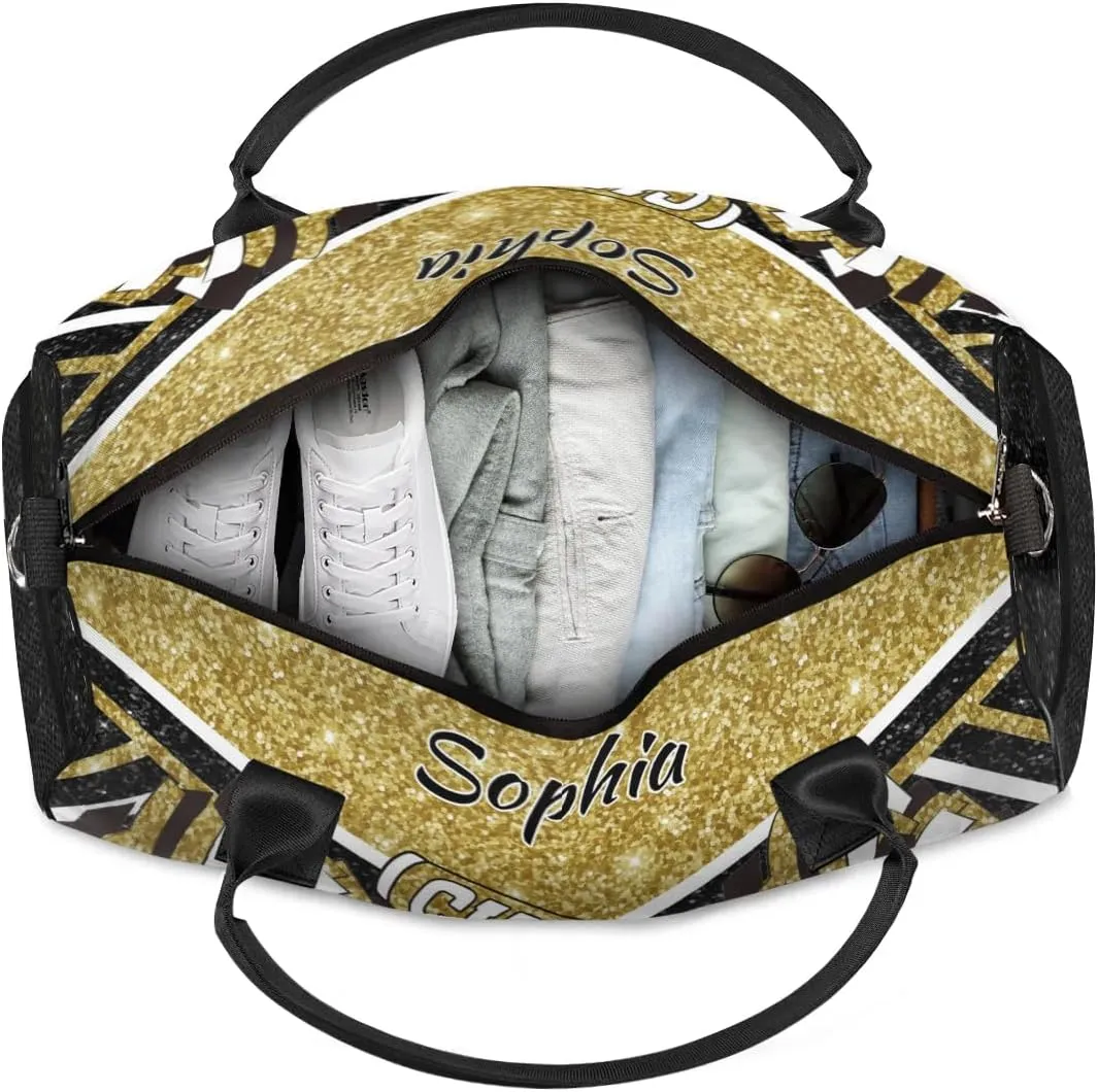 Personalized Cheer Duffel Bag for Cheerleaders, Custom Name Sports Bag for Women Men, Custom Cheerleading Travel Duffle Bags, Weekender Bag Gym Bag, Dark Gold Glitter