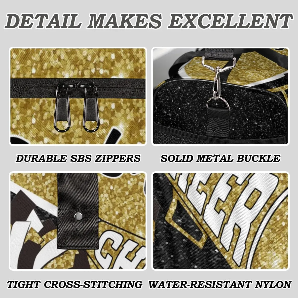 Personalized Cheer Duffel Bag for Cheerleaders, Custom Name Sports Bag for Women Men, Custom Cheerleading Travel Duffle Bags, Weekender Bag Gym Bag, Dark Gold Glitter
