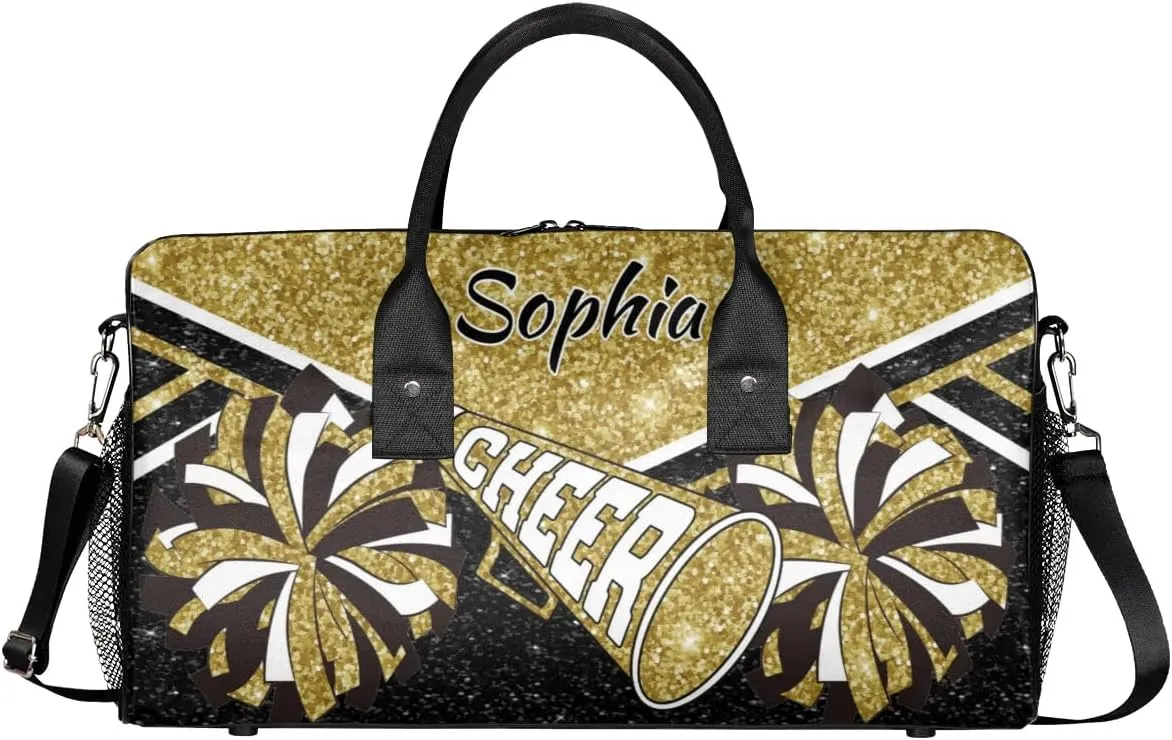 Personalized Cheer Duffel Bag for Cheerleaders, Custom Name Sports Bag for Women Men, Custom Cheerleading Travel Duffle Bags, Weekender Bag Gym Bag, Dark Gold Glitter