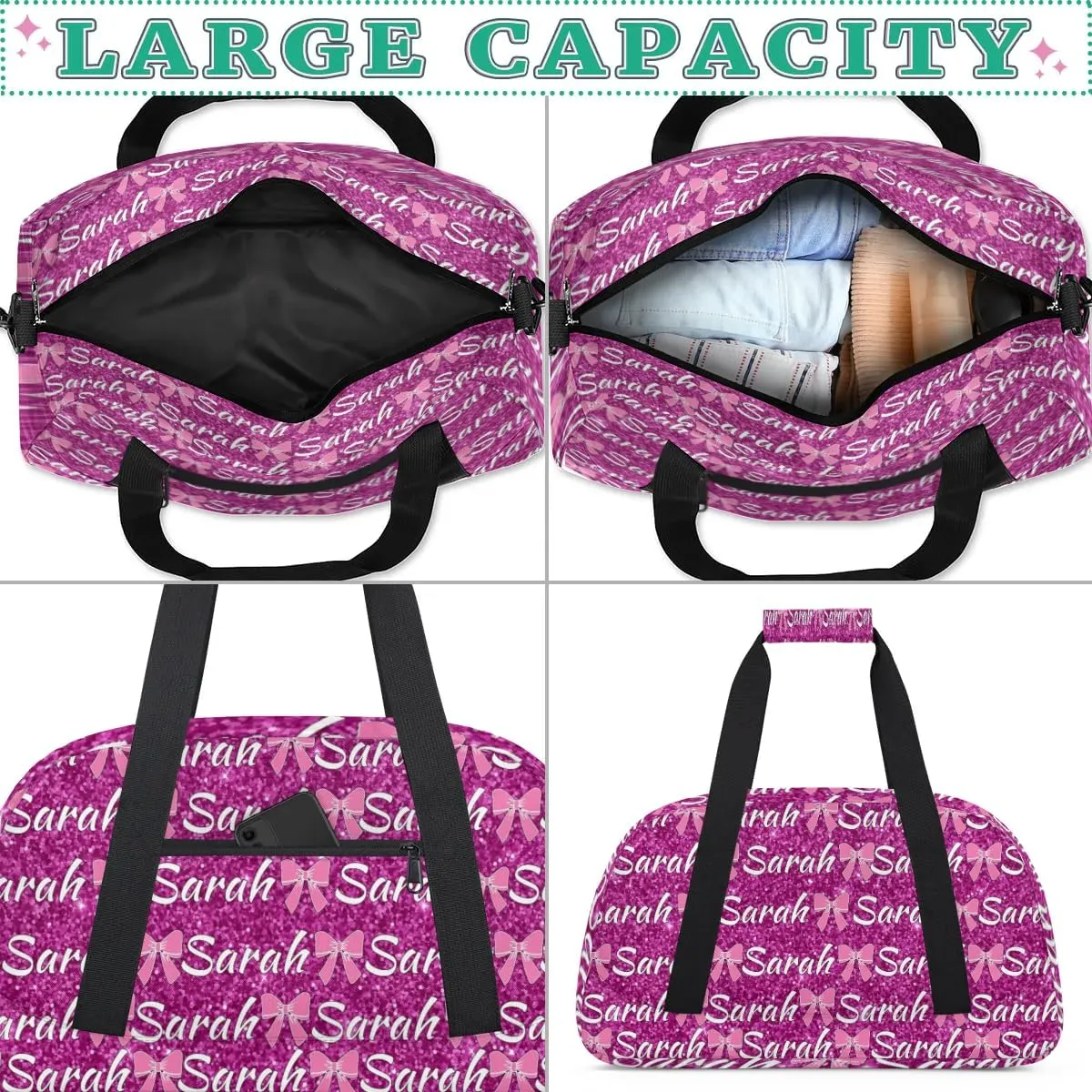 Personalized Cheer Duffel Bags Custom Cheerleader Bag with Name for Sport Events Dance Bag Customized Travel Gym Bag Overnight Weekender Carry-on Bag, Magenta Glitter