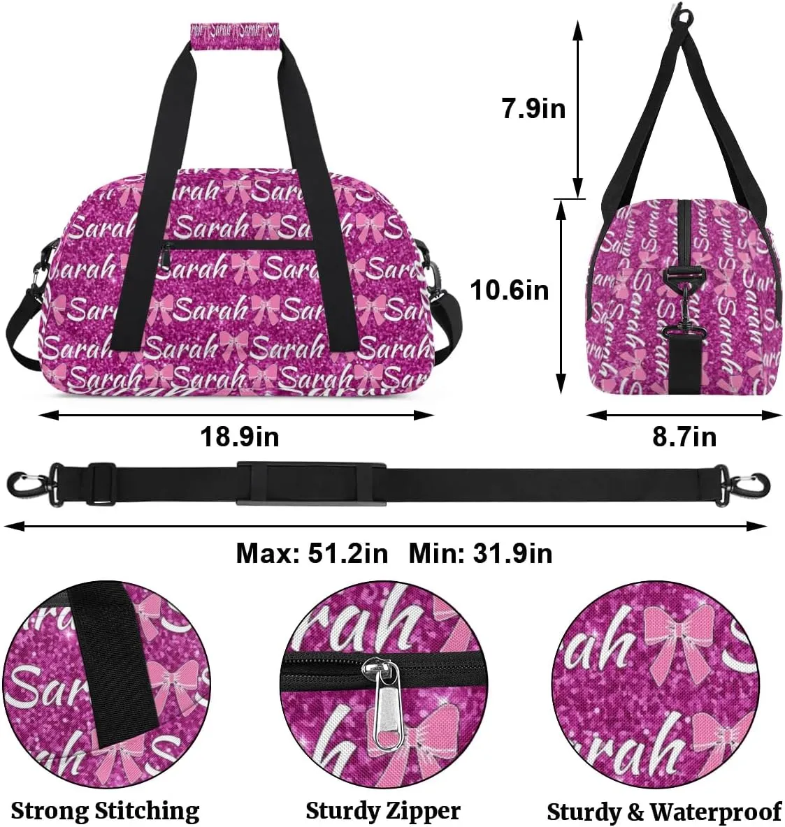 Personalized Cheer Duffel Bags Custom Cheerleader Bag with Name for Sport Events Dance Bag Customized Travel Gym Bag Overnight Weekender Carry-on Bag, Magenta Glitter