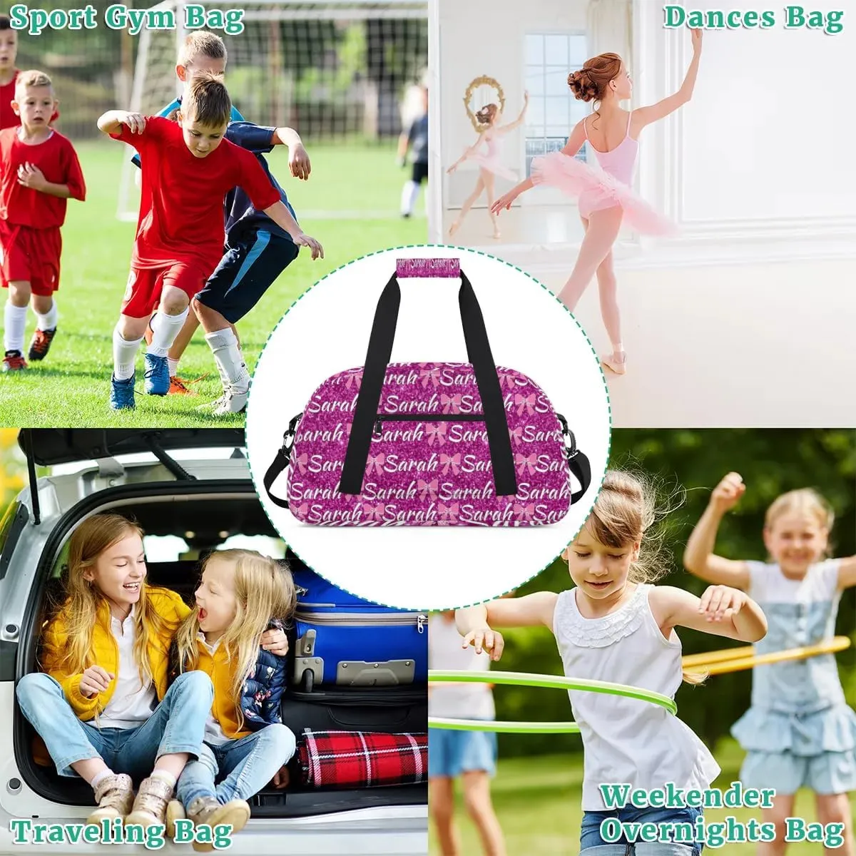 Personalized Cheer Duffel Bags Custom Cheerleader Bag with Name for Sport Events Dance Bag Customized Travel Gym Bag Overnight Weekender Carry-on Bag, Magenta Glitter