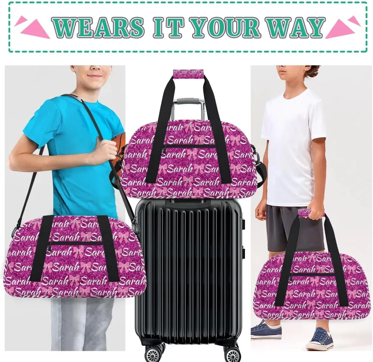 Personalized Cheer Duffel Bags Custom Cheerleader Bag with Name for Sport Events Dance Bag Customized Travel Gym Bag Overnight Weekender Carry-on Bag, Magenta Glitter