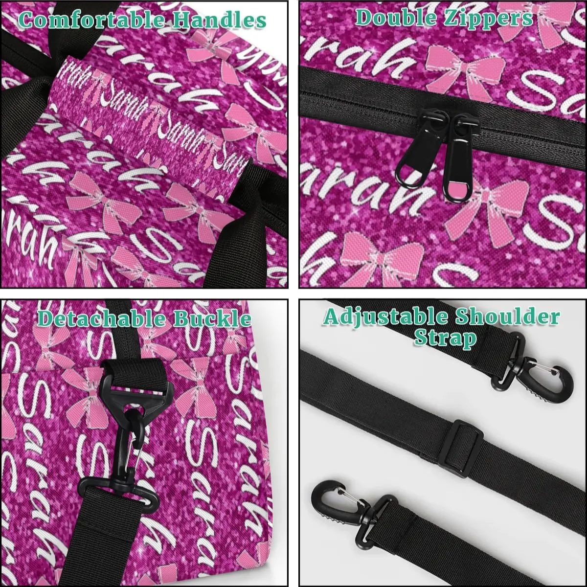 Personalized Cheer Duffel Bags Custom Cheerleader Bag with Name for Sport Events Dance Bag Customized Travel Gym Bag Overnight Weekender Carry-on Bag, Magenta Glitter